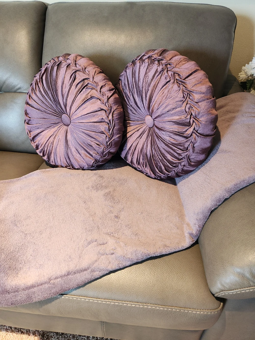Round Purple Ruched Decorative Throw Pillow Pair